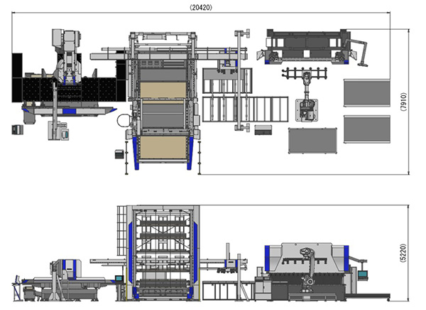 圖3 數控沖床自動分揀·折彎機器人生產線空間示意圖